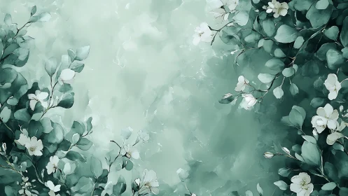 Soft green floral branches framing abstract center field.