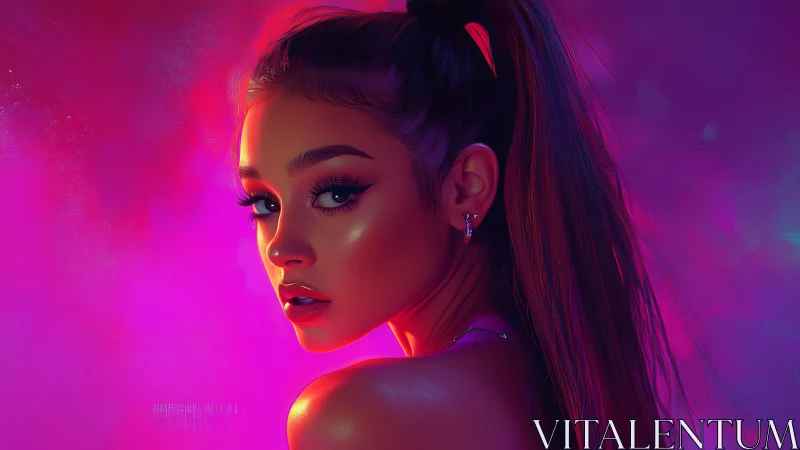 Neon-lit portrait of a dreamy girl in glowing magenta haze.