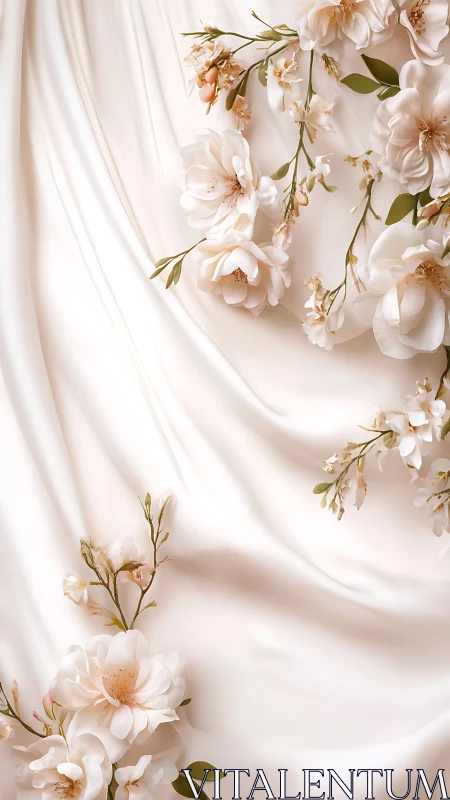 Pale peony arrangement with cascading blooms on luminous fabric draped composition