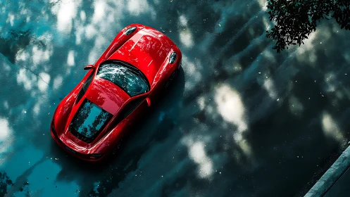 Crimson sports car gliding through a dreamy teal street.