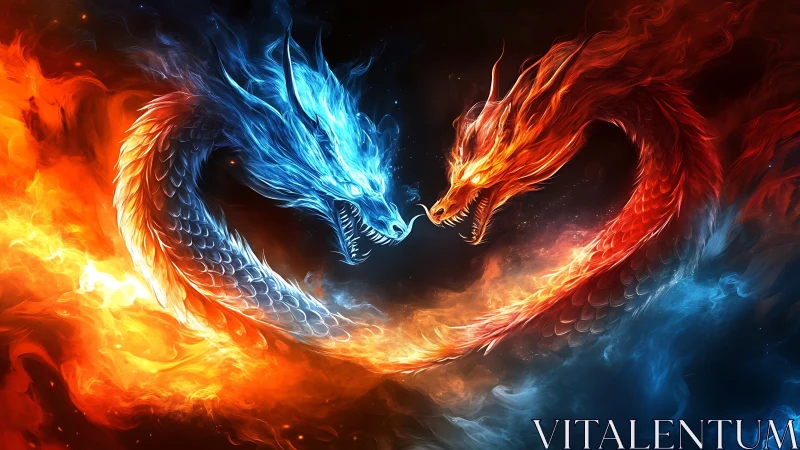 Twin elemental dragons spiral in blazing cosmic confrontation.