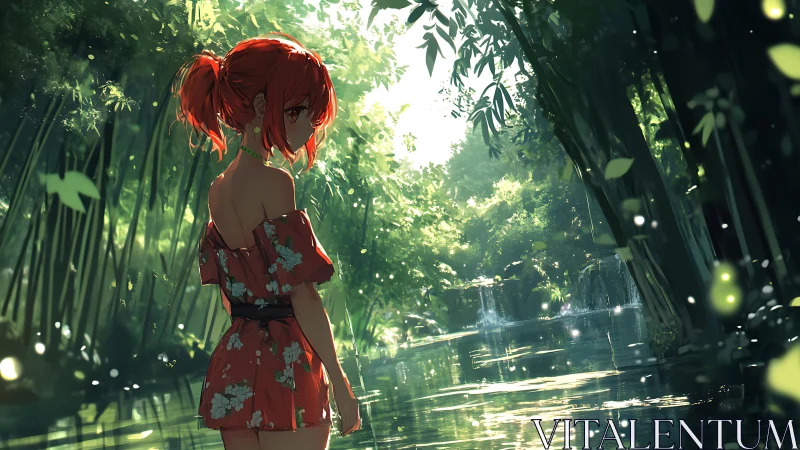 Red-haired girl studies glowing forest river at dusk.