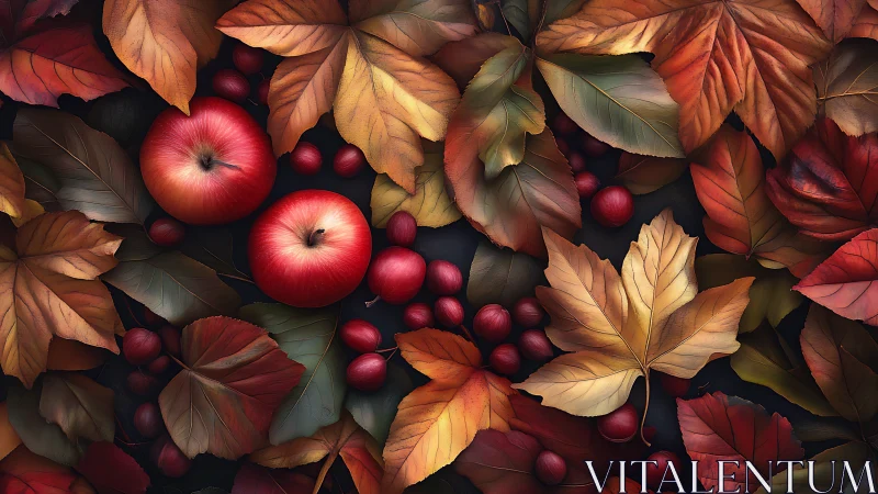 Ripe red apples rest among richly colored autumn leaves