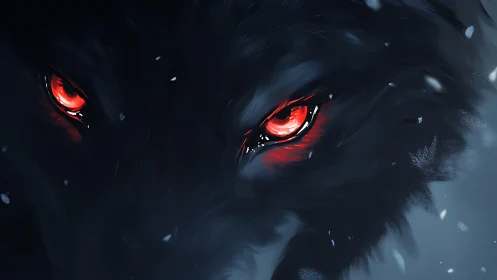 Wolf face close-up shows glowing red eyes in dark snow