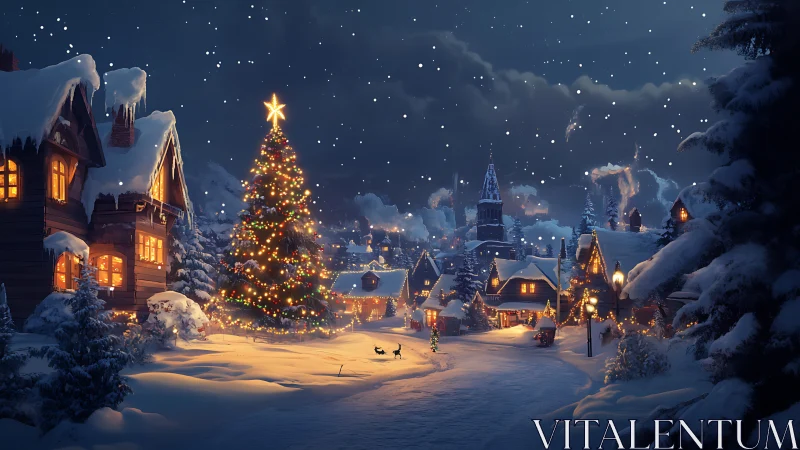 Starlit village Christmas tree glowing in snowy winter hush.