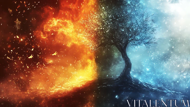 Glowing elemental tree standing between fire and frost.