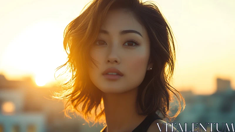 Photorealistic sunset portrait with soft backlit profile framing.