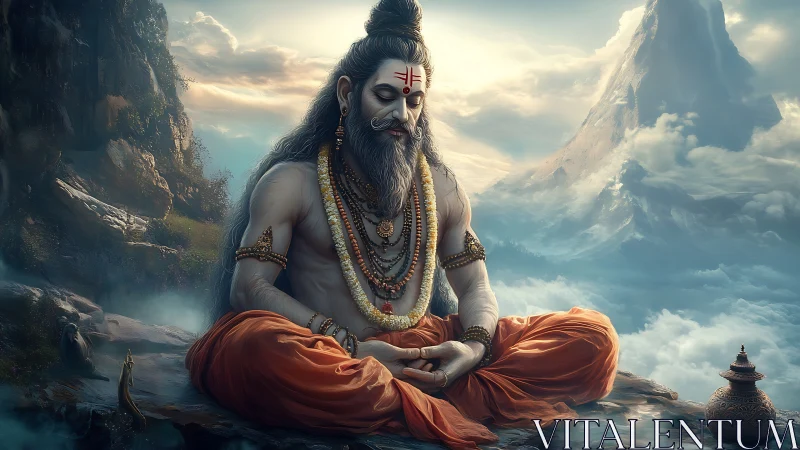 Meditating ascetic seated on mountain ledge above clouds.