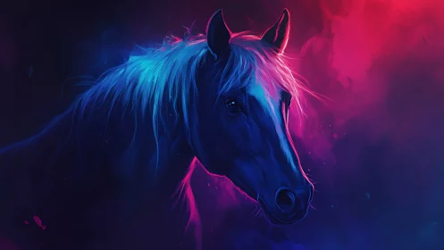 Luminous horse portrait glows softly in neon night colors