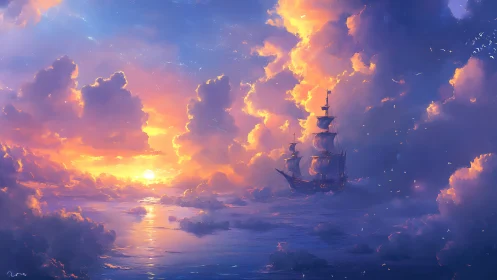 Sunlit sky galleon sails through radiant twilight clouds