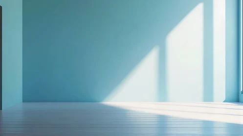 Sunlit minimal interior with soft cyan walls and floor.