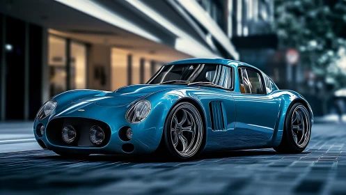 Electric blue retro supercar prowls a neon-kissed city street.
