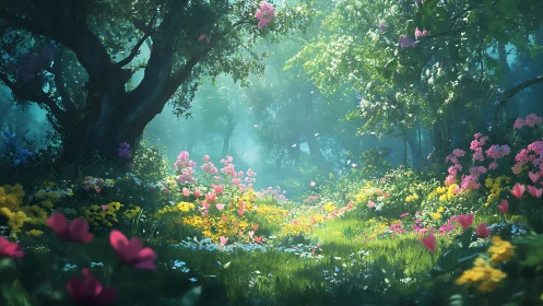 Sunlit forest meadow blooming with soft, dreamy wildflowers.