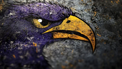 Textured illustration of stylized bird head on rough surface.