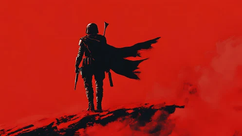Lone armored wanderer slices a black silhouette through red