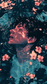 Dreamy face drifts in glowing water and gentle blossoms