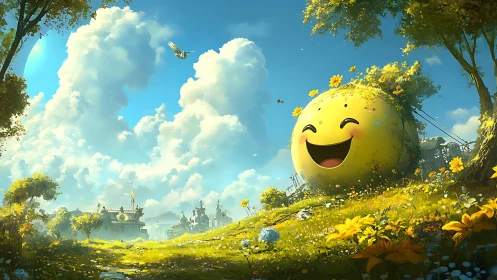 Whimsical Spherical Sentinel in Luminous Meadow Landscape.