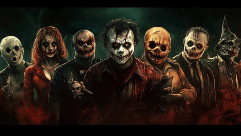 Masked horror figures lined up in dark atmospheric scene.