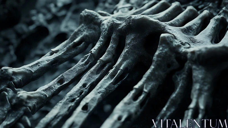 Close skeletal structure with eroded vertebrae in focus.