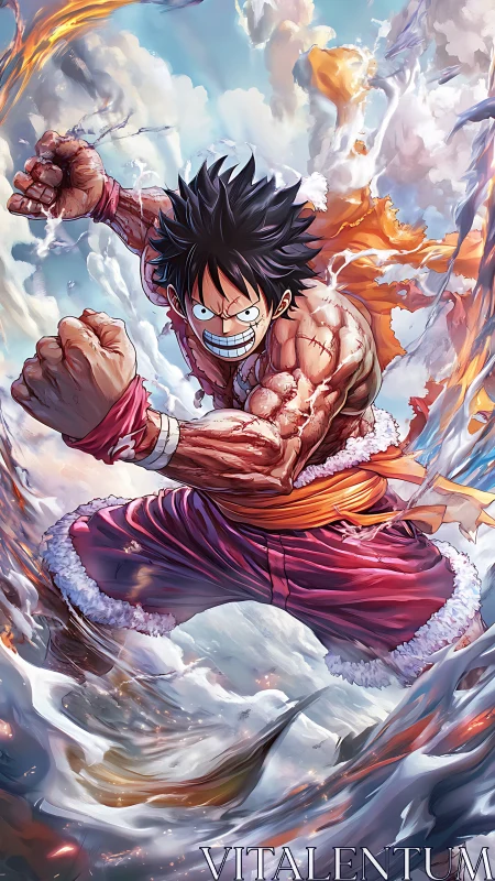 Battle-hardened anime fighter charging through swirling sky.