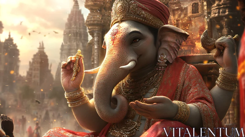 Gentle elephant deity in golden temple light, blessing warmly.
