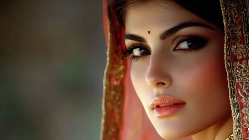 Bridal portrait in ornate red veil with luminous gaze.