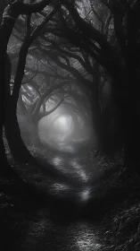 Monochrome tunnel forest path under entwined silhouettes.