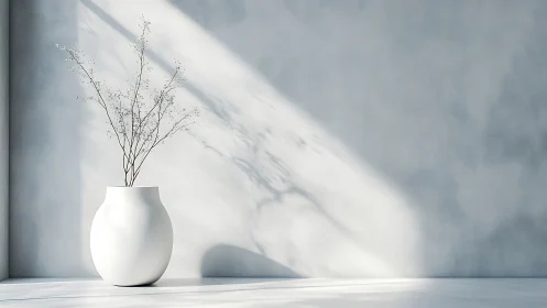 Quiet porcelain vessel cradles light, shadow, and tender twigs