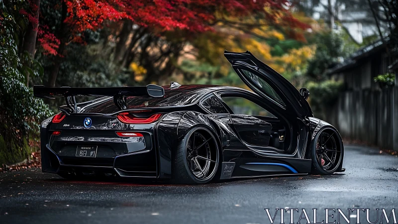 Black BMW i8 widebody under autumn foliage, doors raised.