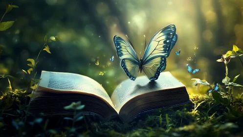 Open book with luminous butterflies in forest clearing.