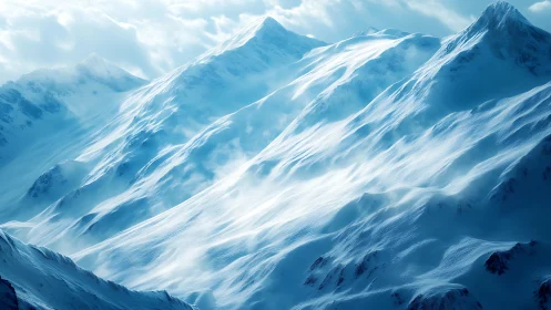 Sunlit alpine ridges swept by wind over icy slopes.