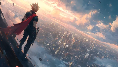 Lone futuristic warrior surveys vast neon metropolis at dusk