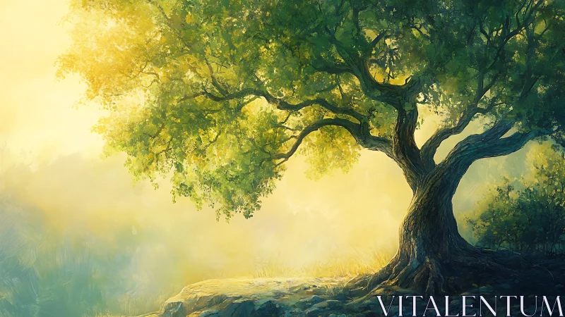 Sunlit ancient tree glows over a tranquil forest clearing.