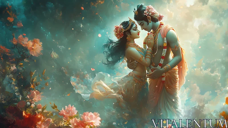 Divine Couple Among Celestial Flowers in Golden Light
