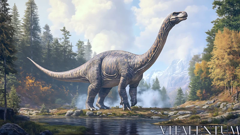 Sauropod dinosaur walking by forest river in mountains.
