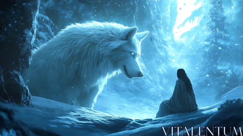Colossal spectral white wolf confronting cloaked figure in icy ravine