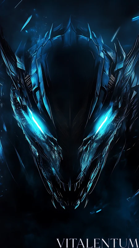 Cybernetic dragon head glows with blue bioluminescent energy