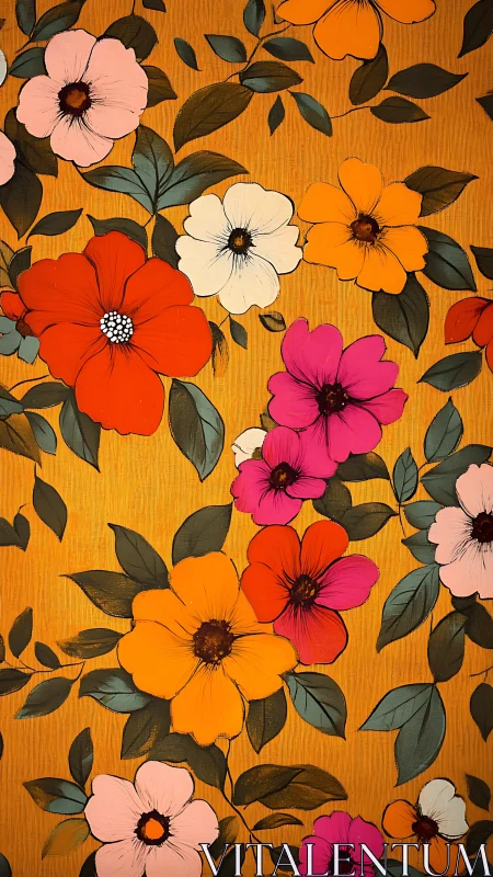 Bold Botanical Pattern: Vibrant Floral Motifs on Golden Ground.