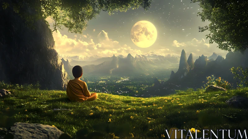 Child gazing at a glowing full moon over a peaceful valley.