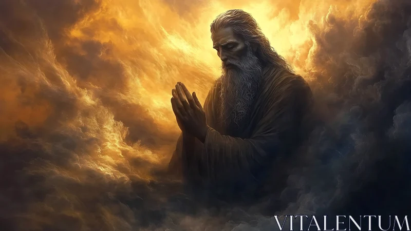 Ethereal elder in luminous storm-wreathed devotion.