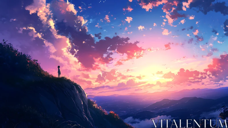 Silhouette observes expansive sunset sky over distant valley