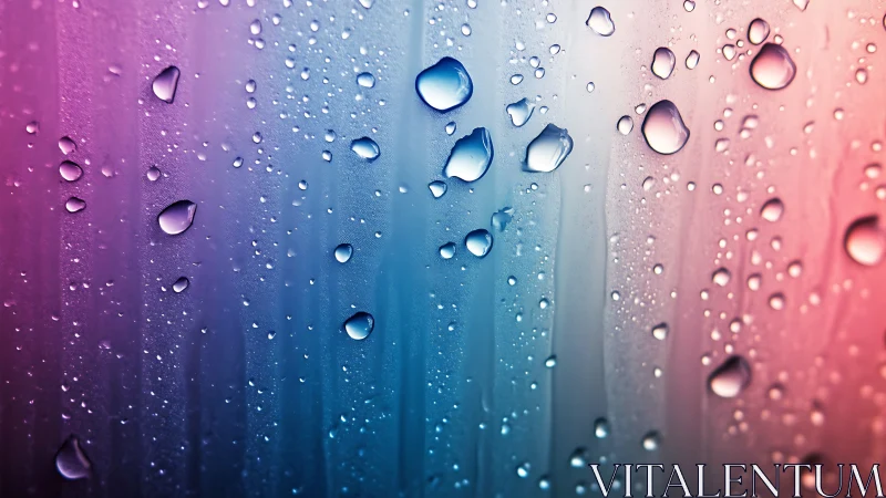 Iridescent water droplets glow on a colorful glass surface.