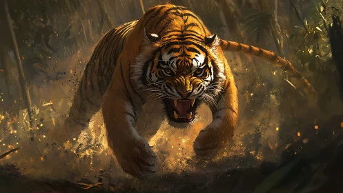 Charging tiger bursts through jungle dust in dramatic light