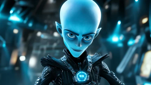 Blue-skinned supervillain glares under neon sci-fi lights