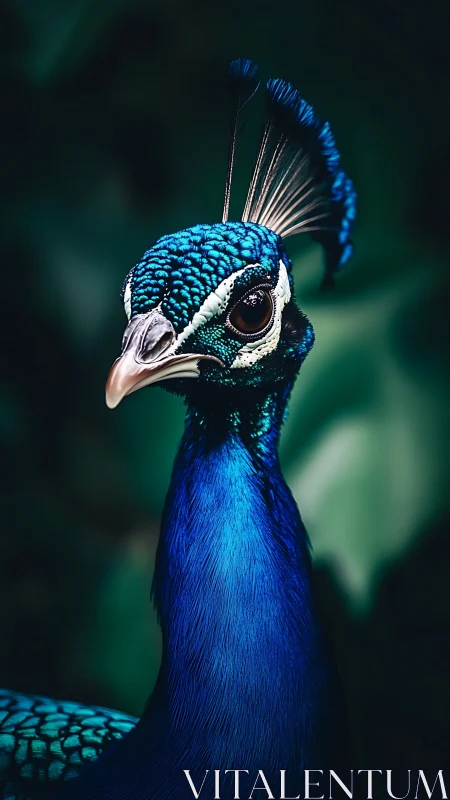 Vivid peacock portrait with iridescent blue plumage detail.