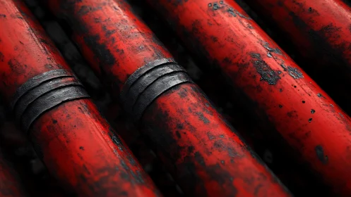 Close-up of weathered red metal pipes with industrial texture.