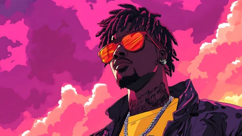 Vibrant cel-shaded portrait under neon magenta sunset sky.