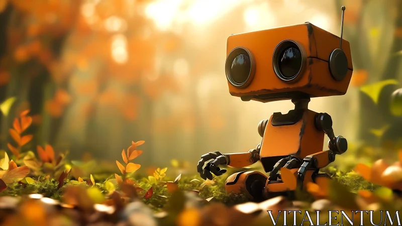 Orange robot resting in sunlit autumn forest clearing.