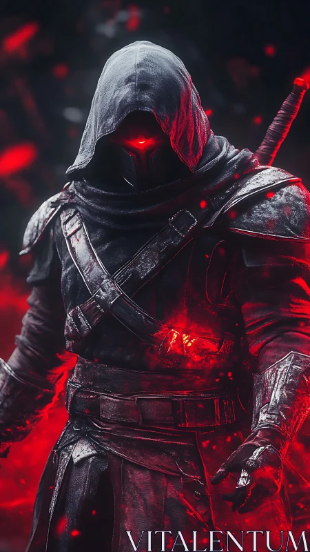 Hooded dark warrior ignites with crimson arcane power.