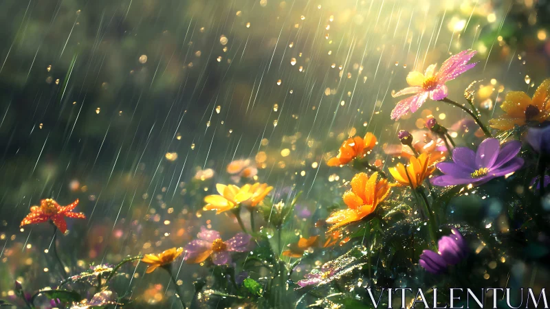 Backlit flowers in rain with golden bokeh and water droplets.